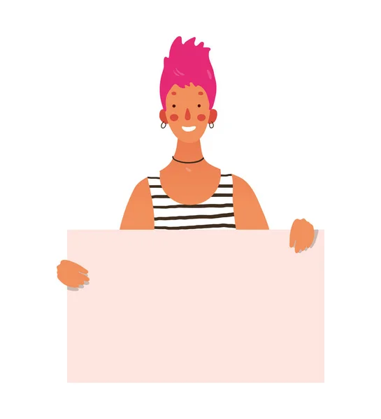 Mulher moderna segurando uma bandeira com lugar para texto, lgbt, ilustração cartoon plana. Uma estudante a segurar uma prancha. Clipart vetorial isolado sobre fundo branco. —  Vetores de Stock