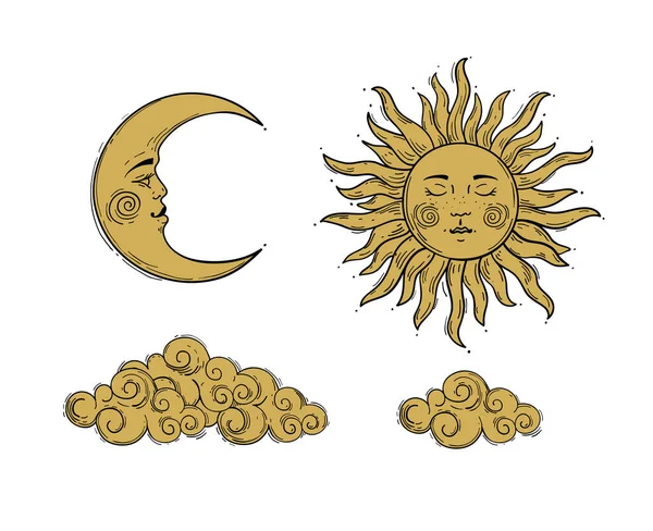 Set of elements for mystical design in boho style. Golden sun and a crescent moon with a face, clouds. Retro hand drawing. Vector illustration isolated on white background. — Stock Vector