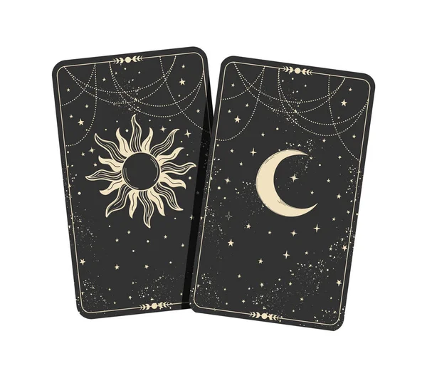 Ay ve yıldızlı iki tarot kartı, astroloji, dövmeler, falcılık için boho illüstrasyonu. Beyaz arkaplanda izole edilmiş vintage tasarım ile düz doğrusal çizim. Konsept: — Stok Vektör