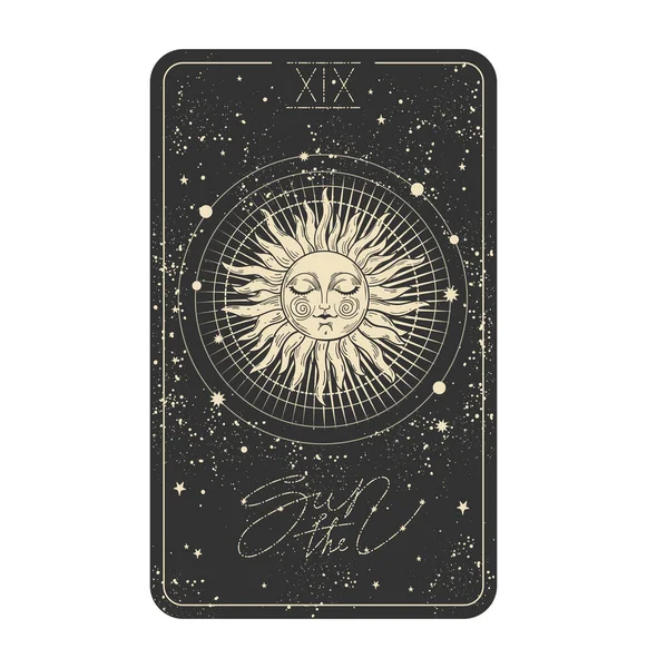 The sun Tarot card icon, sun with a face on a black cosmic background with stars. Major arcana for divination witch, aesthetic hand drawn illustration in vintage design. Vector isolated on white — стоковый вектор