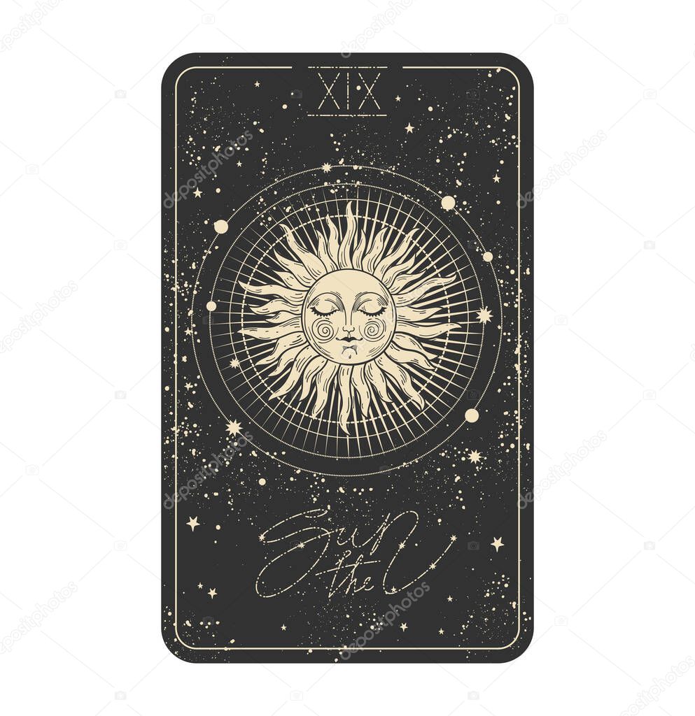The sun Tarot card icon, sun with a face on a black cosmic background with stars. Major arcana for divination witch, aesthetic hand drawn illustration in vintage design. Vector isolated on white
