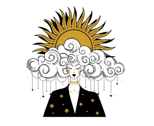 Boho line drawing, woman with cloudy hair and sun in her hair. Astrology concept, tarot, prediction. Magic witch, fantasy portrait. Vector illustration isolated on white background. — Vettoriale Stock