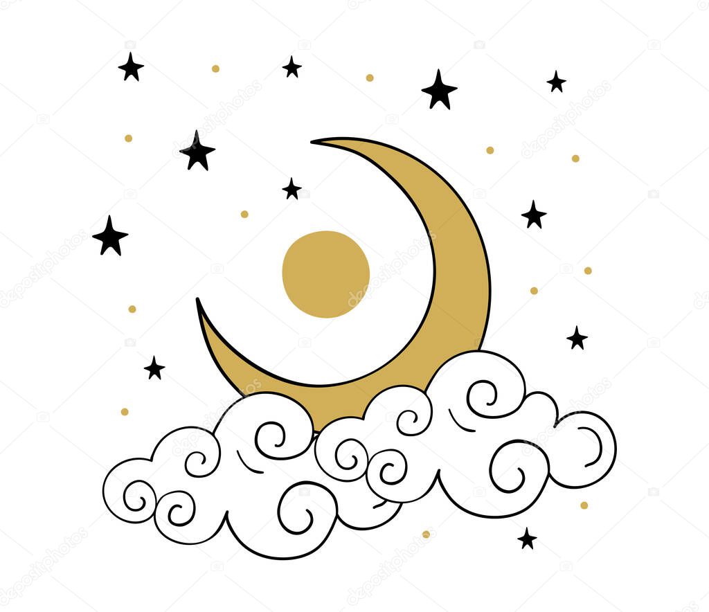 Gold crescent moon with cloud icon. Simple heavenly line drawing, boho tattoo, symbol for astrology, tarot. Night starry sky with the moon. Vector illustration isolated on white background