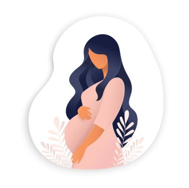 Side view of pregnant woman, pregnancy concept in trendy paper cut craft graphic style. Modern abstract design of motherhood poster, banner. Vector illustration isolated on white background. clipart