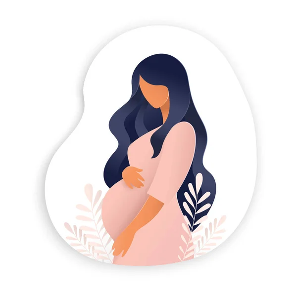 Side view of pregnant woman, pregnancy concept in trendy paper cut craft graphic style. Modern abstract design of motherhood poster, banner. Vector illustration isolated on white background. — Image vectorielle