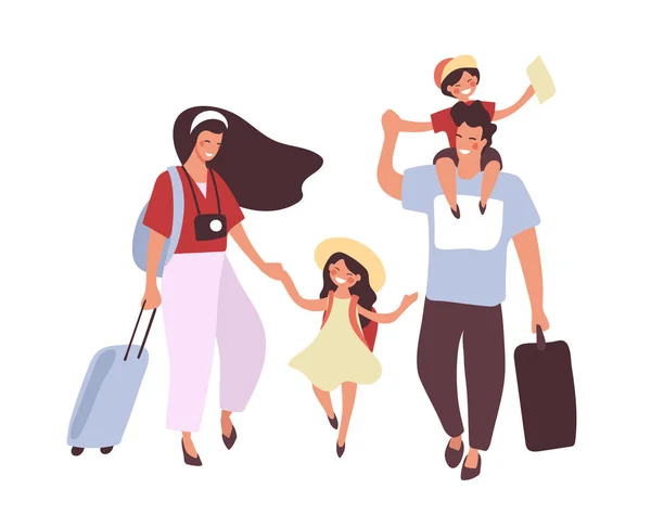 Ludzie podróżują z dziećmi i bagażem. Małżeństwo azjatyckie z synem i córką na wakacjach. Rodzina z chłopcem, dziewczynką i walizkami. Płaska ilustracja wektor kreskówki izolowane na białym tle. — Wektor stockowy