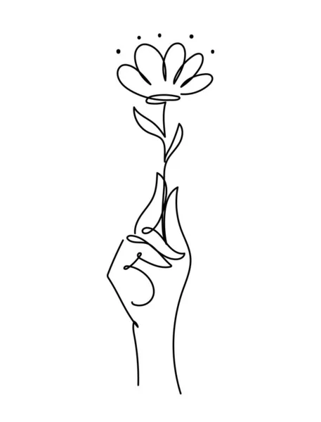 連続線抽象アイコン。手に花を持っている。ロゴ、美容室、エコグッズ店のための審美的な図面。白を基調としたベクトルイラスト. — ストックベクタ