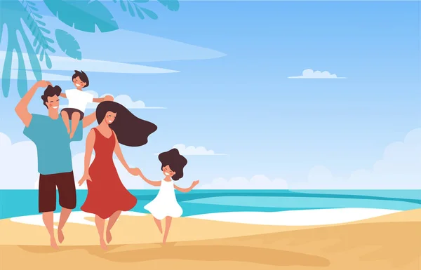 Οικογενειακές διακοπές στην παραλία, οι γονείς διασκεδάζουν με τα παιδιά στη θάλασσα. Η μαμά και ο μπαμπάς με ένα κορίτσι και ένα αγόρι χαλαρώνουν το καλοκαίρι. Επίπεδη απεικόνιση κινουμένων σχεδίων. Banner με copyspace. — Διανυσματικό Αρχείο