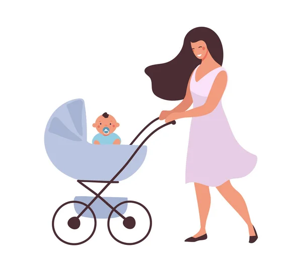 Anya egy babakocsiban sétál a babával. Az anyaság, a gyermekgondozás, az újszülött nő aktív kikapcsolódása. Lapos rajzfilm vektor illusztráció elszigetelt fehér háttér. — Stock Vector