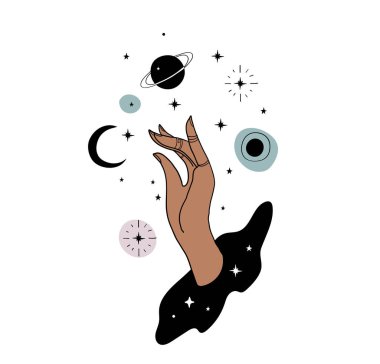 Mistik boho dövmesi, kadın eli ve gezegenler. Astroloji için mistik sanat, cadılık, beyaz arka planda izole edilmiş sihirli illüstrasyon. Soyut alan simgesi.