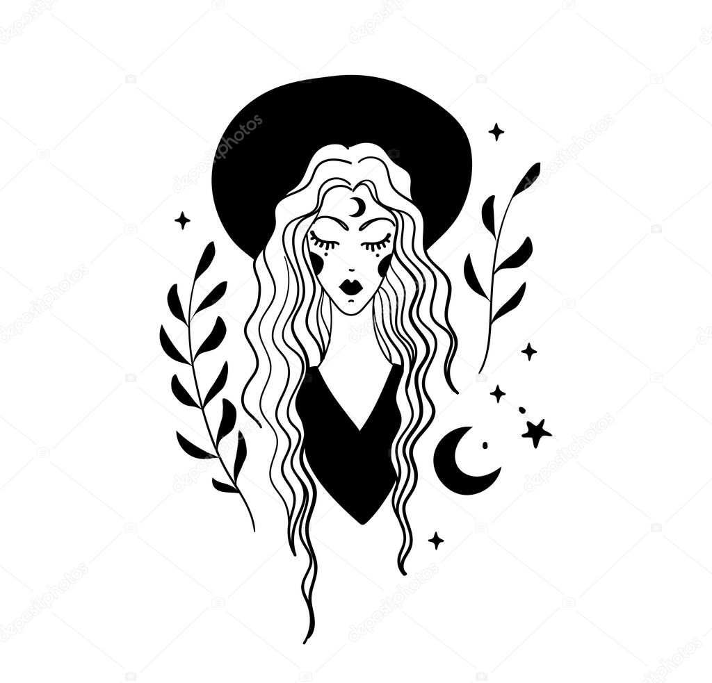 Mystical boho tattoo, hipster woman in hat, witch, modern gypsy. Mystical art for astrology, witchcraft, magic illustration isolated on white background.