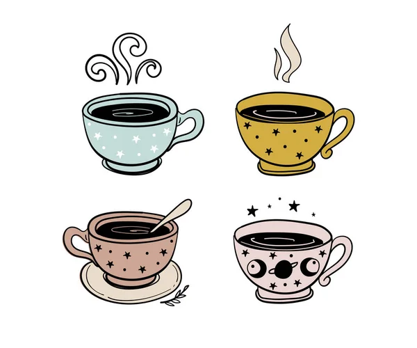 Tea Time, eine Tasse Tee, eine Tasse Kaffee. Illustrationsset für Café, Kräutertrank, farbige Handzeichnung isoliert auf weißem Hintergrund. Vektorillustration. — Stockvektor