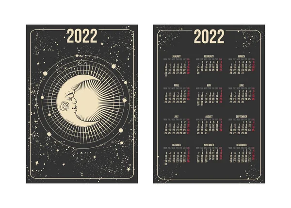 Календар Таро для 2022 року, півмісяць з бохо астрологічним стилем обличчя, містичний дизайн неба. Тиждень починається в понеділок. Вертикальний двосторонній календар шаблон. — стоковий вектор