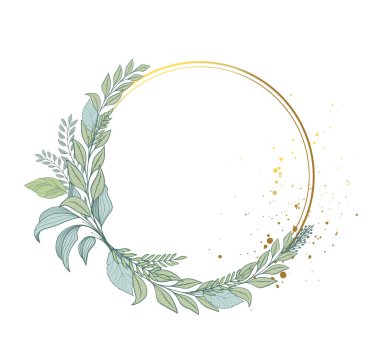 Zarif çiçekli yapraklar, yeşil ve bitkilerden oluşan yuvarlak bir çelenk. Düğün davetiyesi için yeşil buket ve altın çerçeve. Okaliptüs ve eğrelti otu dalları. Vektör illüstrasyonu.