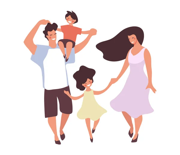 Icono plano de familia feliz con hijo e hija. Papá y mamá están caminando con niños y abrazos, ilustración vectorial aislada sobre fondo blanco. — Archivo Imágenes Vectoriales