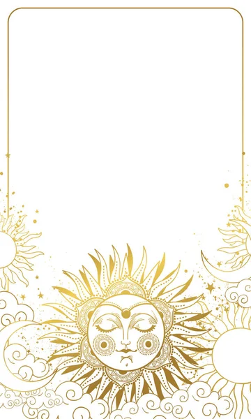 Moderner Himmelshintergrund mit goldener Sonne mit Gesicht, Astrologie und Horoskoprahmen, Boho-Poster mit weißem Kopierraum. Handgezeichnete Vektorillustration. — Stockvektor