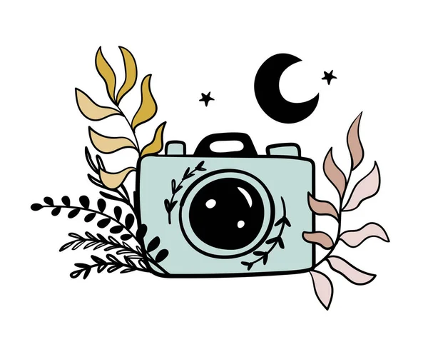 Ikona fotoaparátu Boho, tetování, symbol pro fotografa. Kamera s objektivem a zábleskem. Vektorové ilustrace izolované na bílém pozadí. — Stockový vektor