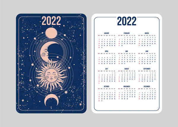 Календар Бохо Таро для 2022 року в астрологічному стилі з Місяцем, сонцем і планетами. Тиждень починається в неділю. Вертикальний двосторонній календар шаблон. — стоковий вектор