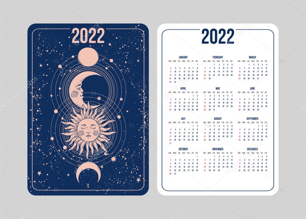 Boho Tarot calendar for 2022 in astrological style with moon, sun and planets. Week starts on Sunday. Vertical two-sided calendar design template.
