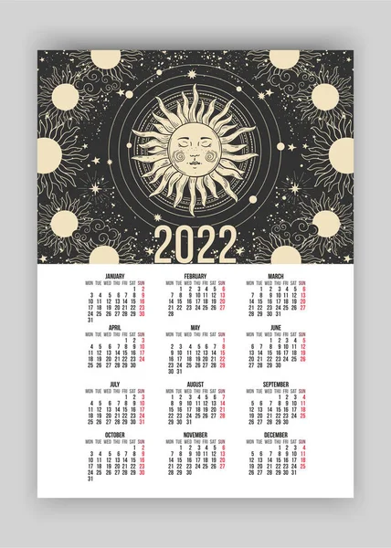 Mystischer Tarotkalender für 2022 im astrologischen Boho-Stil, Sonnengesichter auf schwarzem Hintergrund. Die Woche beginnt am Montag. A4 Europäische Kalendervorlage für vertikales Design — Stockvektor