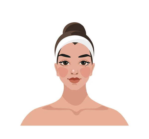 A menina cuida do rosto e usa produtos de limpeza de pele. Ícone de procedimentos de cuidados com a pele. O conceito de limpeza facial, máscara, hidratação e remoção de maquiagem. Desenho plano ilustração vetorial. —  Vetores de Stock