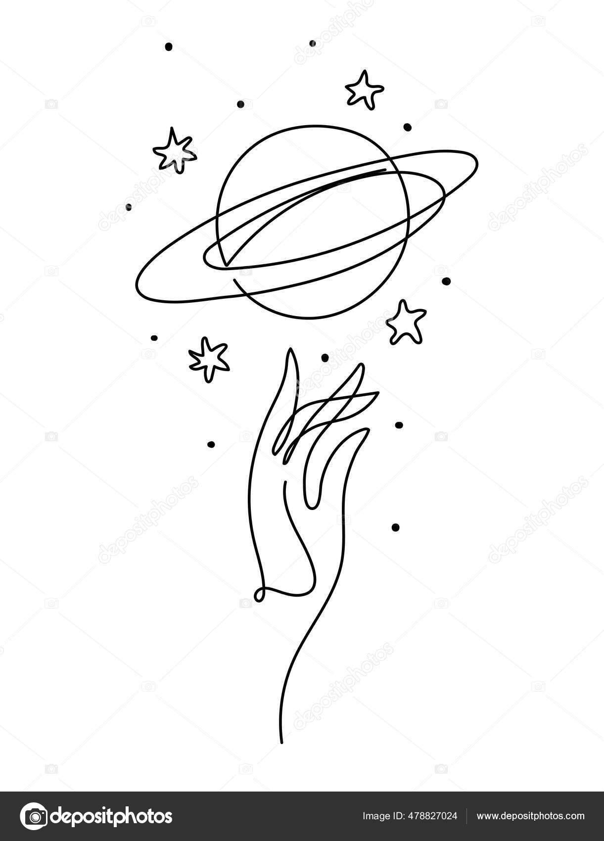 Hand And Planet Saturn With Rings Aesthetic Line Drawing Space Icon Vintage Tattoo For Witch Astrological Boho Symbol Vector Illustration Isolated On White Background Stock Vector Image By C Antusenok