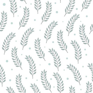 Seamless leaf pattern. Green tree branches on a white background, vintage ornament for hobby, packaging, fabric. Flat vector illustration isolated, hand drawing.