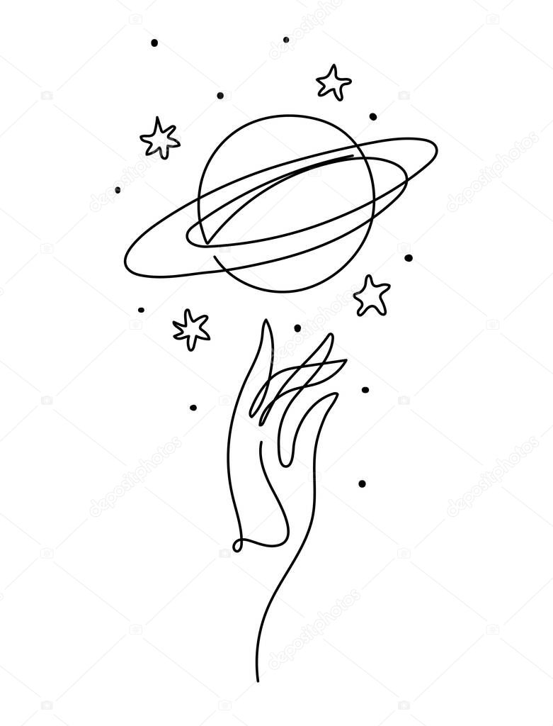 Hand and planet Saturn with rings, aesthetic line drawing, space icon, vintage tattoo for witch, astrological boho symbol. Vector illustration isolated on white background