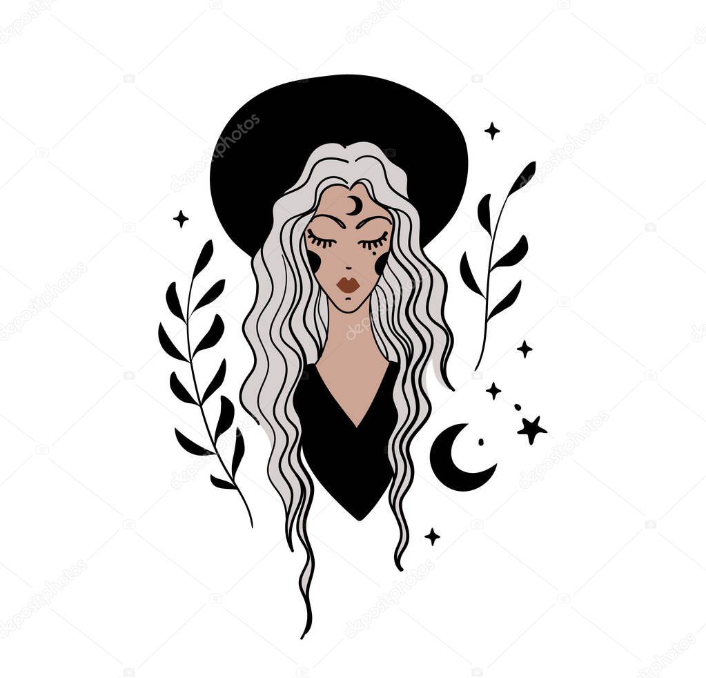 Vintage woman portrait, hipster girl, boho tattoo for witch. Bohemian vintage line illustration, female face icon, social media avatar. Vector illustration isolated on white background