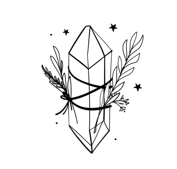 Crystal icon with branches and stars, line hand drawing, bohemian tattoo for witch, gem, sketch boho illustration isolated on white background. — Stock Vector