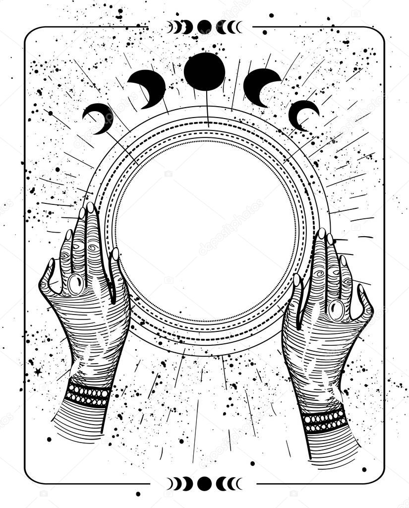 Mystical drawing tarot with copy space, magic ball for text. Female hands hold an empty round frame, sketch. Mystical vector illustration of a witch.