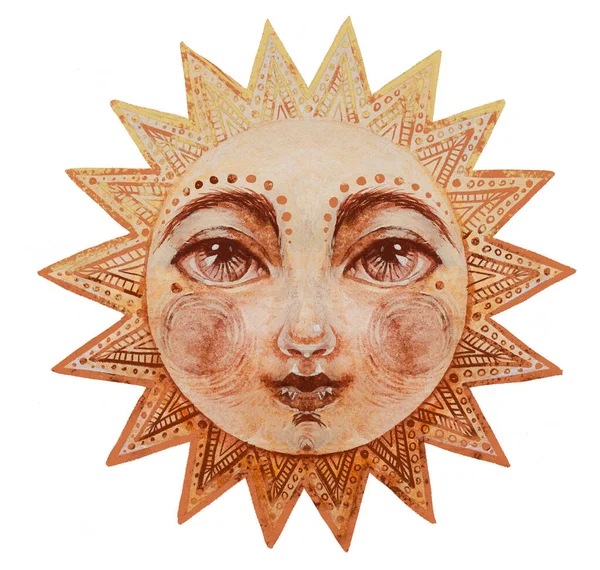 Akvarelové slunce s obličejem, roztomilá mystická akvarelová kresba pro astrologii, boho design. Pohanské božské ilustrace izolované na bílém pozadí. — Stock fotografie