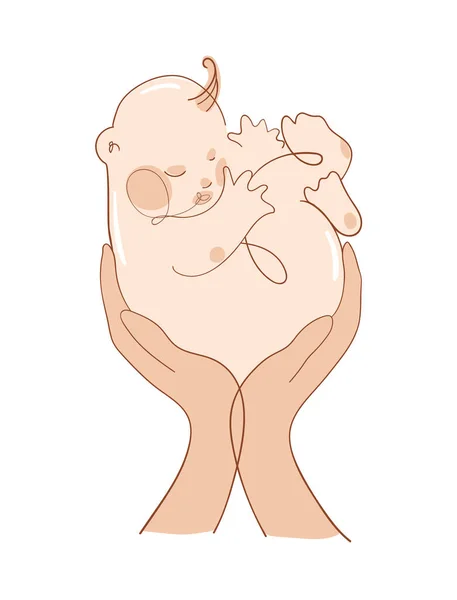 Een kleine baby slaapt zoet in de armen van een vader of moeder. Platte illustratie, icoon voor kindergeneeskunde, zwangerschap en moederschap. Vector schets geïsoleerd op witte achtergrond. — Stockvector