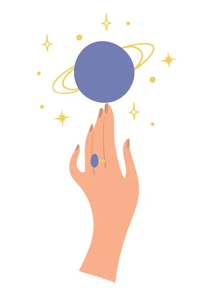 Een sierlijke vrouwelijke hand raakt de planeet Jupiter. Platte boho sticker voor astrologie, voorspellingen, heksensymbool. Moderne vectorillustratie geïsoleerd op witte achtergrond. — Stockvector