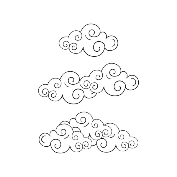 Molnikonen. Linjär hand rita vitt moln, clipart om väder, regn, kinesisk stil. Vektor skiss, platt illustration isolerad på vit bakgrund. — Stock vektor