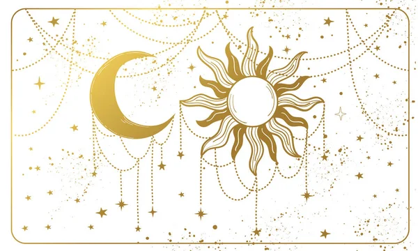 Goldene Sonne und verzierte Mondsichel auf weißem Hintergrund. Magisches Banner für Astrologie, Tarot, Wahrsagerei, Magie. Göttliches Universum. Esoterisch isolierte Vektorillustration. — Stockvektor