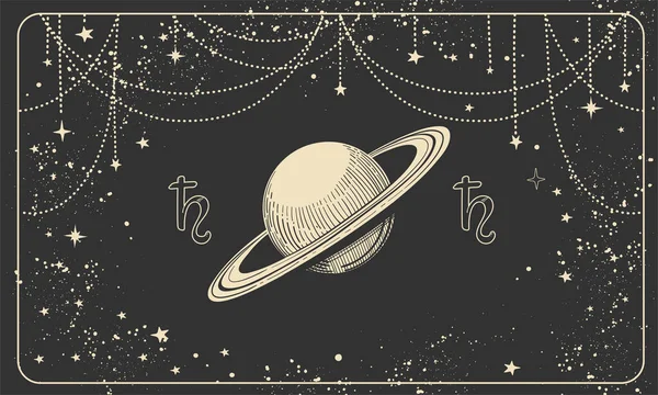 Астрологический горизонтальный баннер с планетой Сатурн и космическим чёрным фоном, иллюстрация гадания таро, винтажный дизайн. Векторная открытка с астрологическим символом. — стоковый вектор
