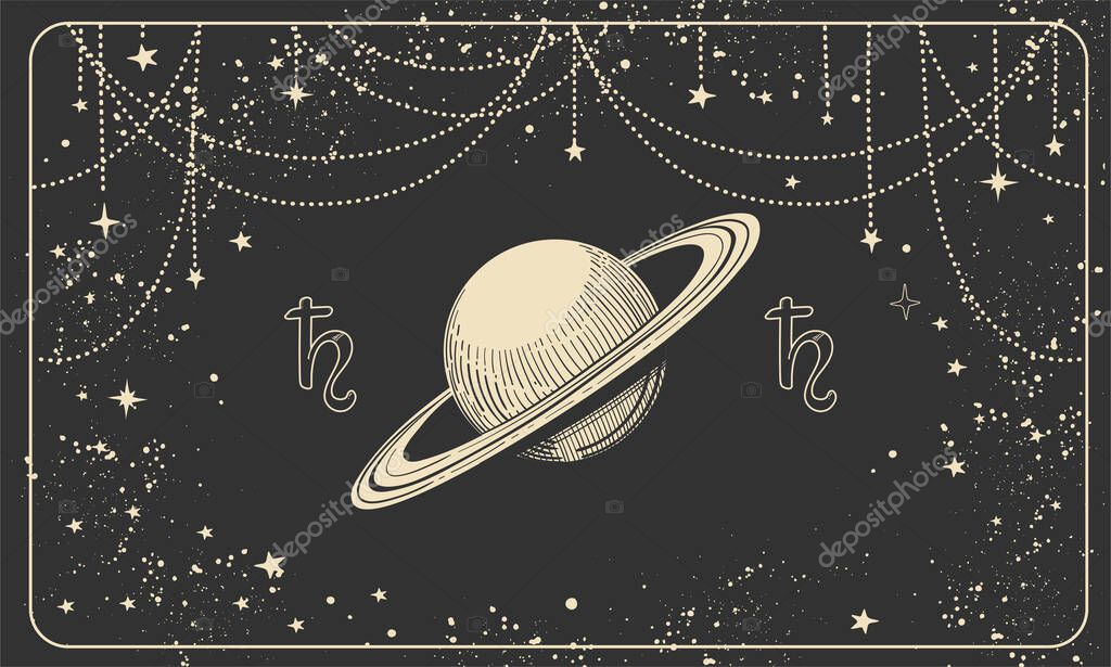 Astrological horizontal banner with planet Saturn and cosmic black background, tarot divination illustration, vintage design. Vector postcard with astrological symbol