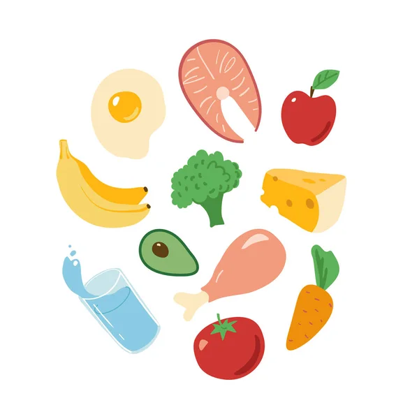 Le concept d'aliments sains, les produits pour une alimentation saine complète, le poisson, le fromage, la viande, les légumes. Illustration vectorielle plate isolée sur fond blanc. — Image vectorielle