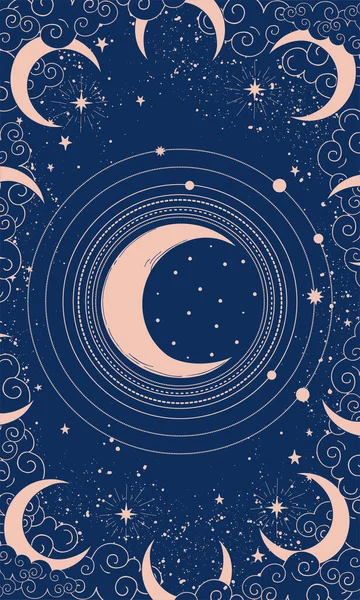 Boho místico desenho da lua em um fundo azul, fases da lua. Moldura vertical para astrologia, tarot. Ilustração vetorial plana para cobertura. —  Vetores de Stock