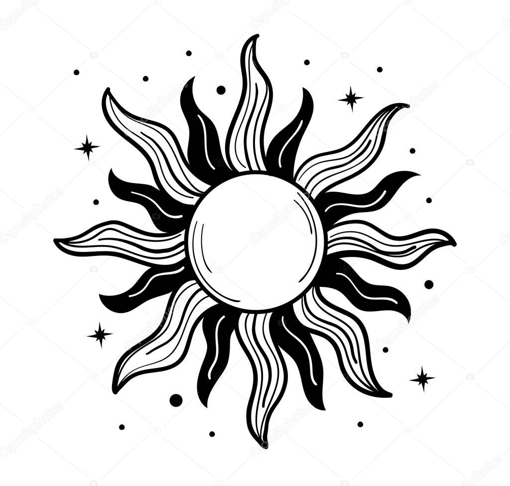 Detailed drawing of the sun with rays, engraving, hand drawing. Silhouette of the sun, linear sketch for tarot, astrology, divination. Vector illustration isolated on white background
