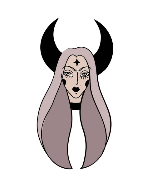 Ritratto di una strega carina, adesivo Halloween, volto ragazza vampiro con capelli viola e luna crescente nera. Illustrazione semplice del fumetto vettoriale. — Vettoriale Stock
