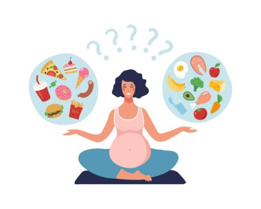 Hamile bir kadının sağlıklı beslenmesi. Hamile bir kız yoga yapıyor ve sağlıklı ve abur cubur arasında seçim yapıyor. Düz çizgi film vektör çizimi beyaz arkaplanda izole edildi.