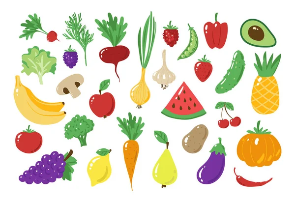 Овощи, фрукты, травы и корни иконы набор. Вегетарианская еда, сбор урожая. Плоский вектор мультфильма, изолированный на белом фоне. — стоковый вектор