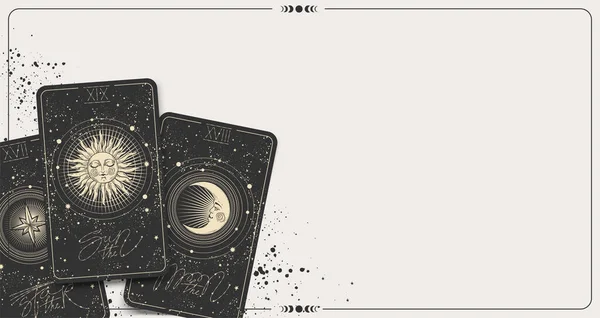 Banner con cartas del tarot y espacio de copia, lugar para el texto, maqueta para la adivinación, astrología, zodíaco. El sol, la luna, la estrella, baraja de cartas en la mesa, vista superior. Ilustración vectorial. — Vector de stock