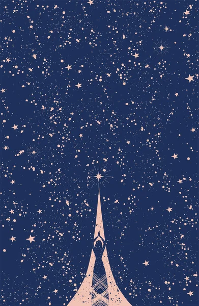 Una mujer empuja los límites del universo, la idea de la meditación, la reencarnación y el esoterismo, la creatividad. Fondo cósmico azul con estrellas, lugar para el texto. Ilustración vectorial. — Archivo Imágenes Vectoriales