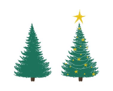 Noel ağacı çizimi. Şenlikli tasarım, dekorlu Noel ağacı, yıldız ve çelenk, renkli el çizimi. Beyaz arkaplanda izole edilmiş kaligrafik çizim.