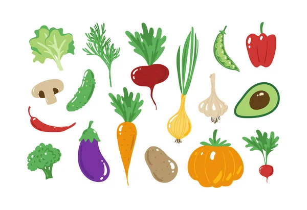 Conjunto de iconos vegetales de diseño plano. Calabaza, patatas, champiñones, remolacha. Dibujos animados ilustraciones de comida vegetariana aislada sobre fondo blanco. — Vector de stock