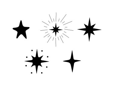 Bir dizi basit yıldız, beyaz arka planda izole edilmiş siyah yıldız siluetleri. Basit vektör çizimi, el çizimi. Astroloji, tahmin, tatil için Boho tasarımı.