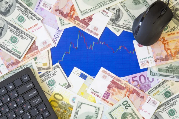 Money, stock, dollar, euro, ruble, internet, mouse, keyboard, trader